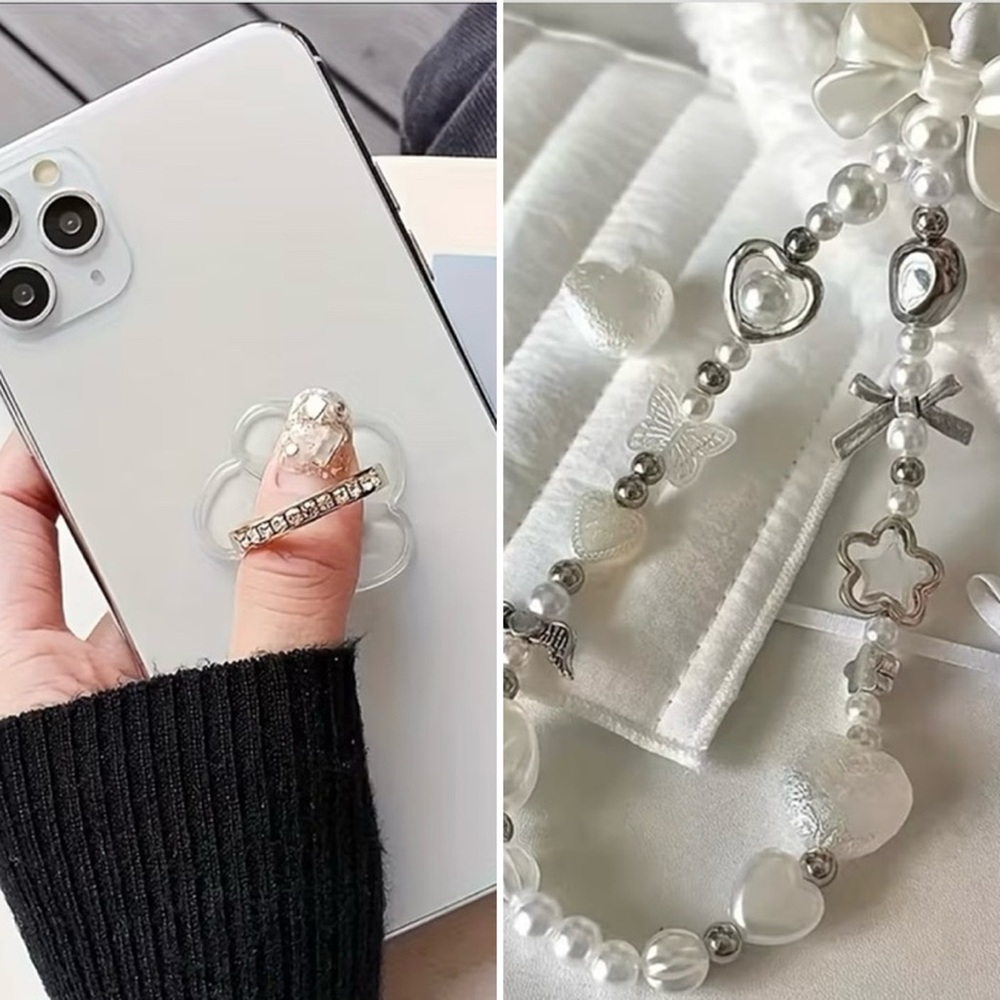 NEW 2pc Phone Accessory Bundle Crystal Ring Holder + Pearl Beaded Charm Strap